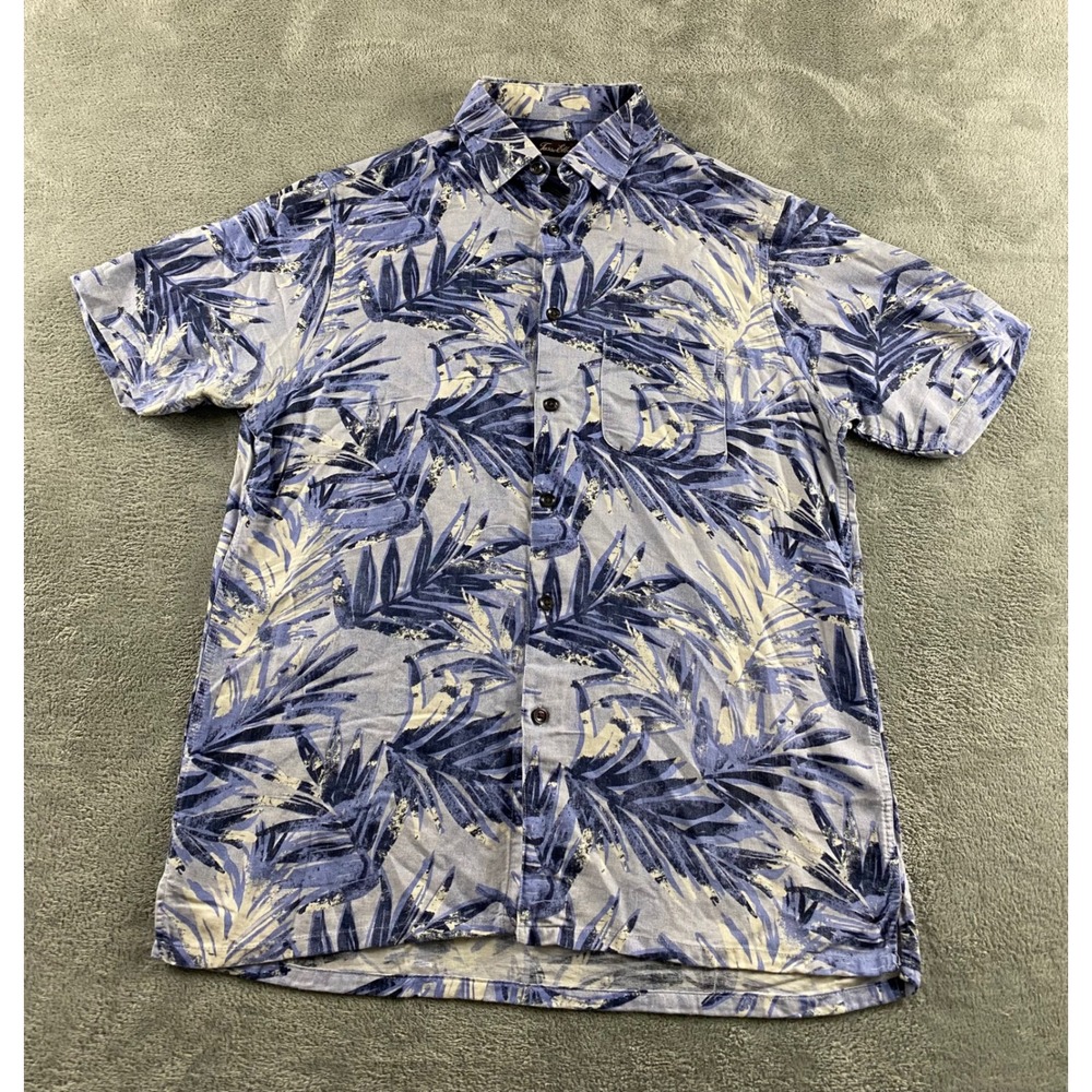 Tasso Elba Mens Small Silk Rayon Blue‎ Tropical Palm Leaf Short Sleeve Shirt